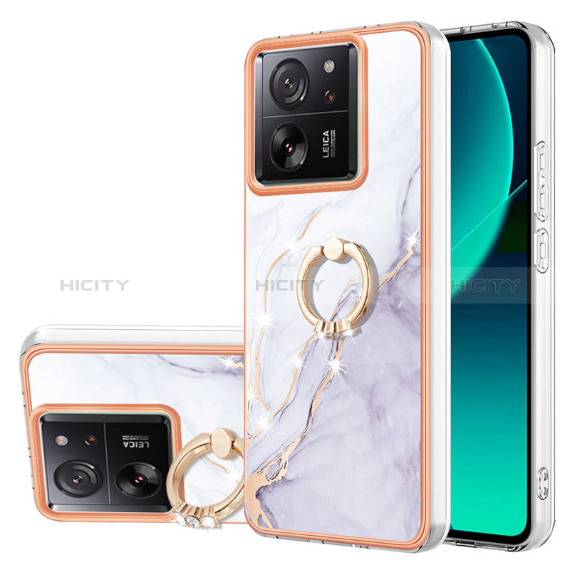 Coque Silicone Motif Fantaisie Souple Couleur Unie Etui Housse avec Support Bague Anneau YB5 pour Xiaomi Mi 13T Pro 5G Blanc Plus