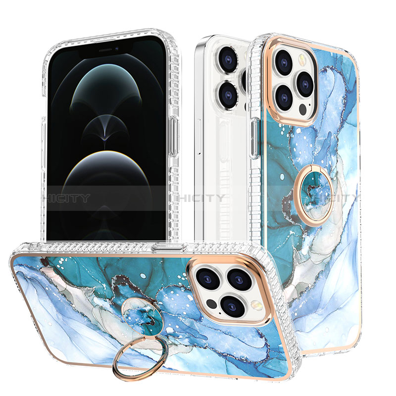 Coque Silicone Motif Fantaisie Souple Couleur Unie Etui Housse avec Support Bague Anneau YJ1 pour Apple iPhone 13 Pro Max Bleu Plus