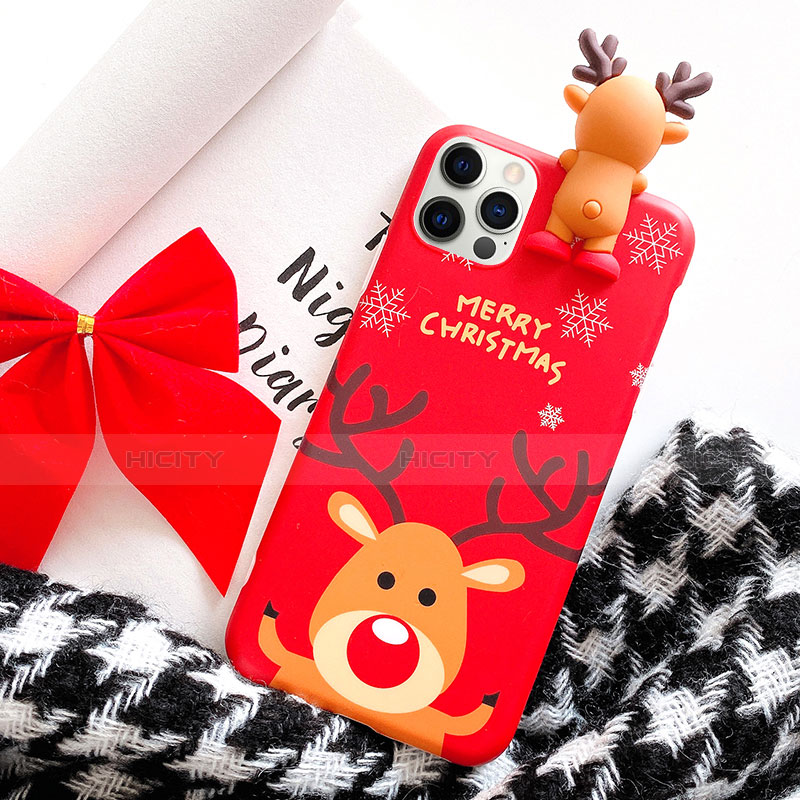 Coque Silicone Motif Noel Souple Couleur Unie Etui Housse S02 pour Apple iPhone 12 Pro Rouge Plus