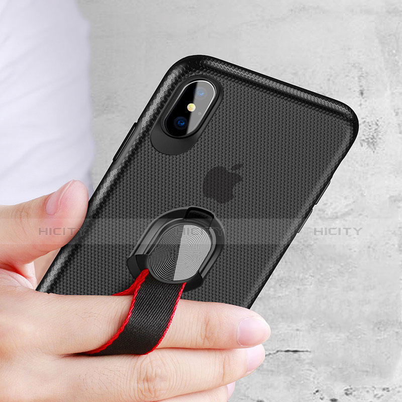 Coque Ultra Fine Silicone Souple avec Support Bague Anneau T01 pour Apple iPhone X Noir Plus