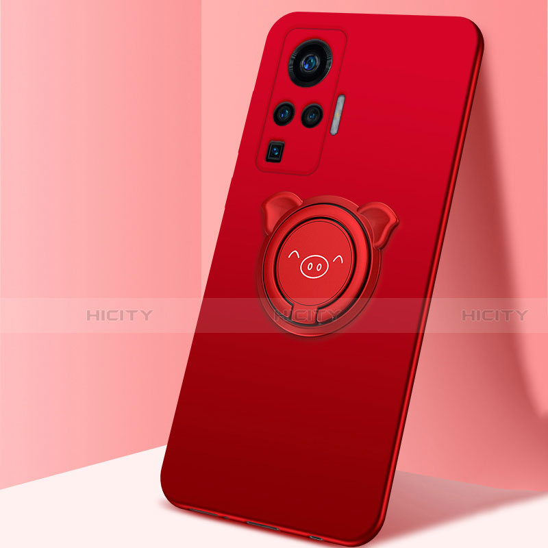 Coque Ultra Fine Silicone Souple Housse Etui avec Support Bague Anneau Aimante Magnetique A01 pour Vivo X50 Pro 5G Rouge Plus