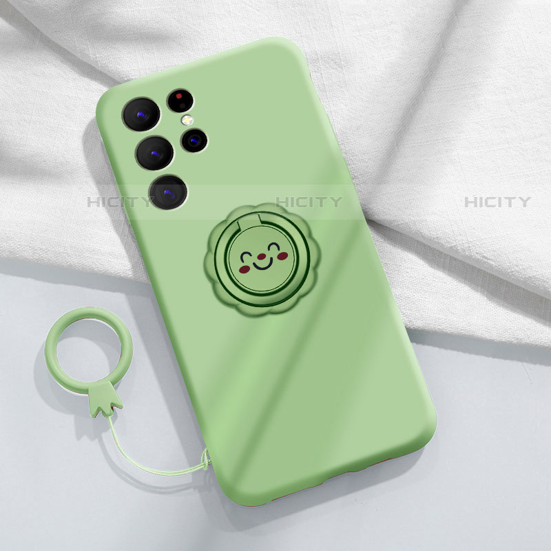 Coque Ultra Fine Silicone Souple Housse Etui avec Support Bague Anneau Aimante Magnetique A03 pour Samsung Galaxy S21 Ultra 5G Pastel Vert Plus