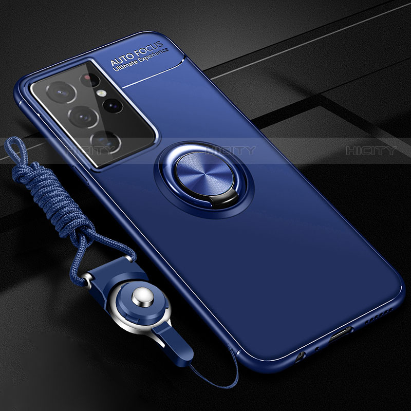 Coque Ultra Fine Silicone Souple Housse Etui avec Support Bague Anneau Aimante Magnetique A05 pour Samsung Galaxy S22 Ultra 5G Bleu Plus