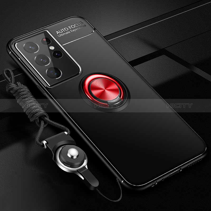 Coque Ultra Fine Silicone Souple Housse Etui avec Support Bague Anneau Aimante Magnetique A05 pour Samsung Galaxy S24 Ultra 5G Rouge et Noir Plus