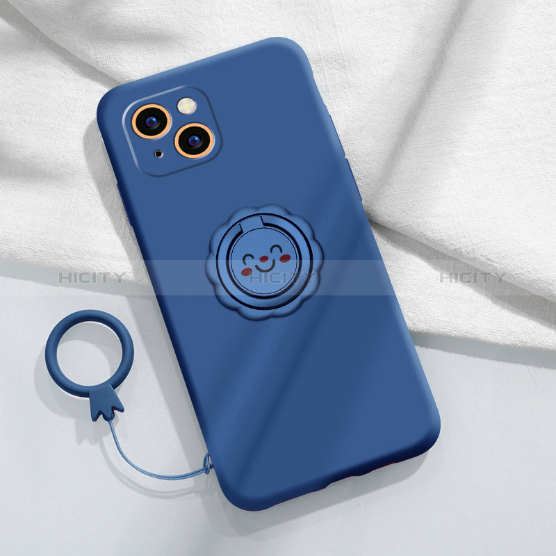 Coque Ultra Fine Silicone Souple Housse Etui avec Support Bague Anneau Aimante Magnetique A06 pour Apple iPhone 15 Bleu Plus