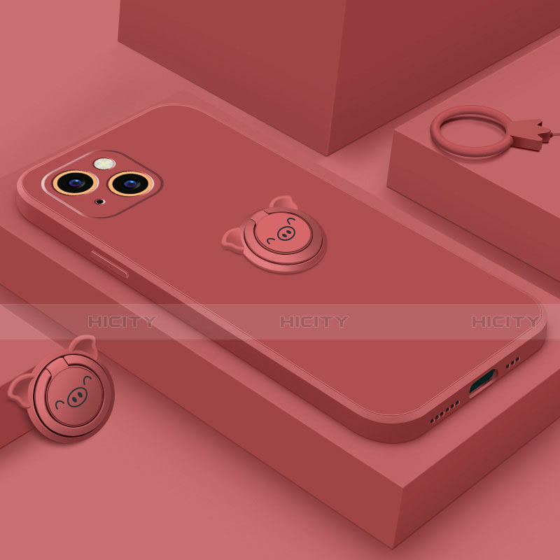 Coque Ultra Fine Silicone Souple Housse Etui avec Support Bague Anneau Aimante Magnetique A07 pour Apple iPhone 14 Plus Rouge Plus