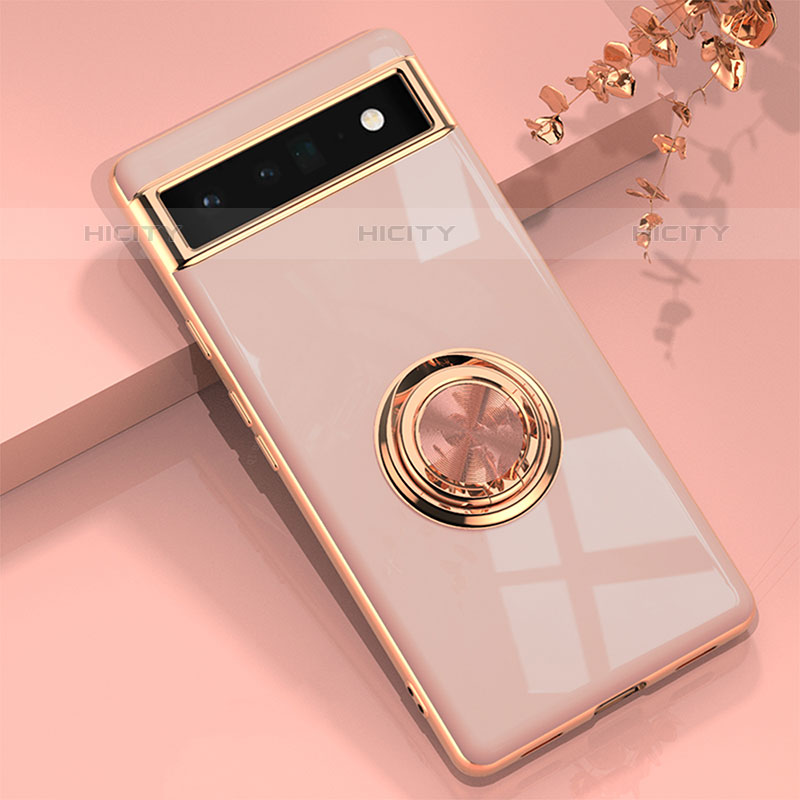 Coque Ultra Fine Silicone Souple Housse Etui avec Support Bague Anneau Aimante Magnetique AN1 pour Google Pixel 6a 5G Or Rose Plus