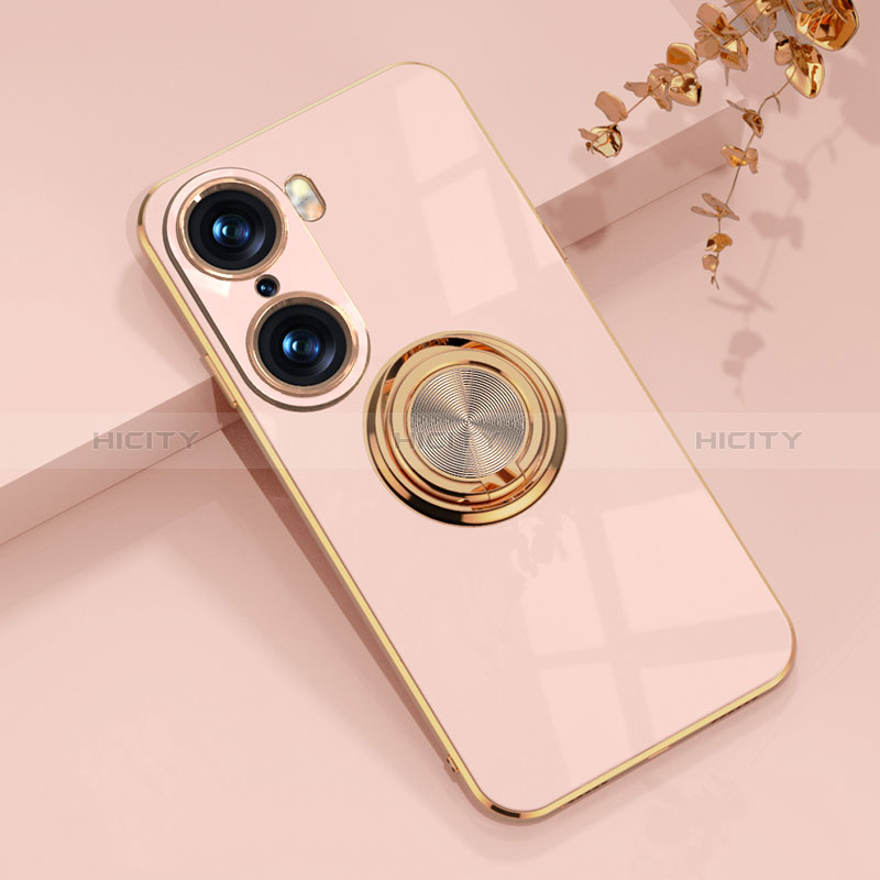 Coque Ultra Fine Silicone Souple Housse Etui avec Support Bague Anneau Aimante Magnetique AN1 pour Huawei Honor 60 5G Or Rose Plus