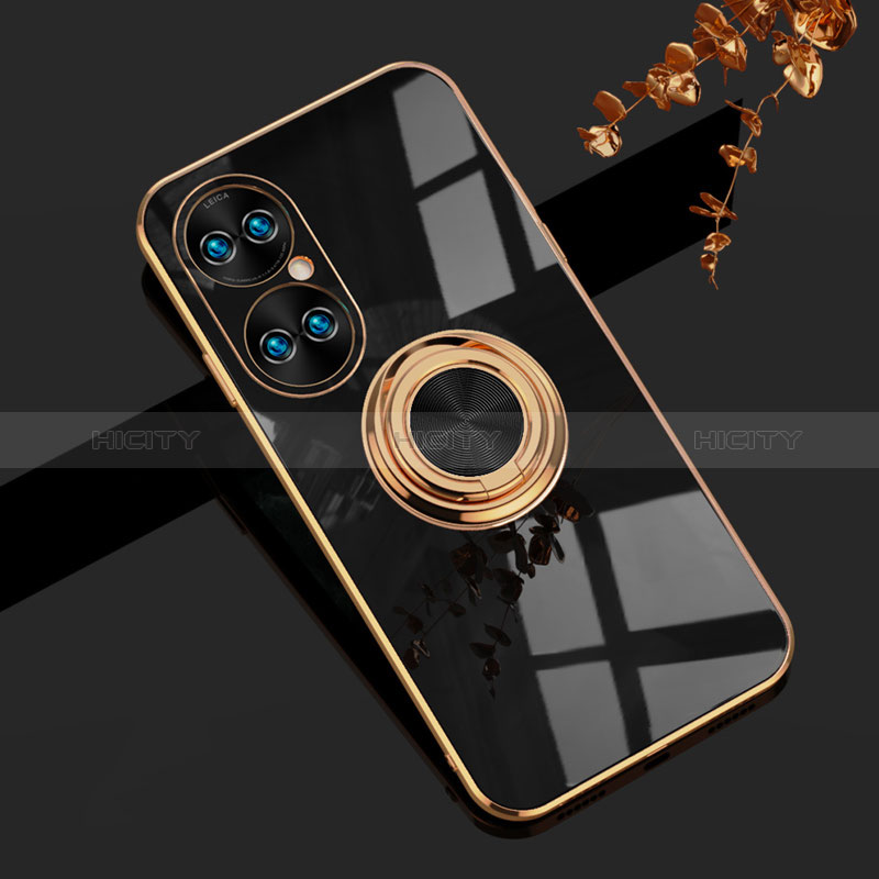 Coque Ultra Fine Silicone Souple Housse Etui avec Support Bague Anneau Aimante Magnetique AN1 pour Huawei P50 Noir Plus