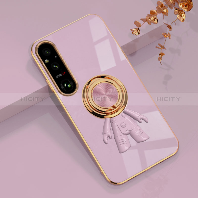 Coque Ultra Fine Silicone Souple Housse Etui avec Support Bague Anneau Aimante Magnetique AN1 pour Sony Xperia 1 V Violet Clair Plus