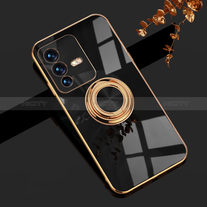 Coque Ultra Fine Silicone Souple Housse Etui avec Support Bague Anneau Aimante Magnetique AN1 pour Vivo V23 Pro 5G Noir Plus