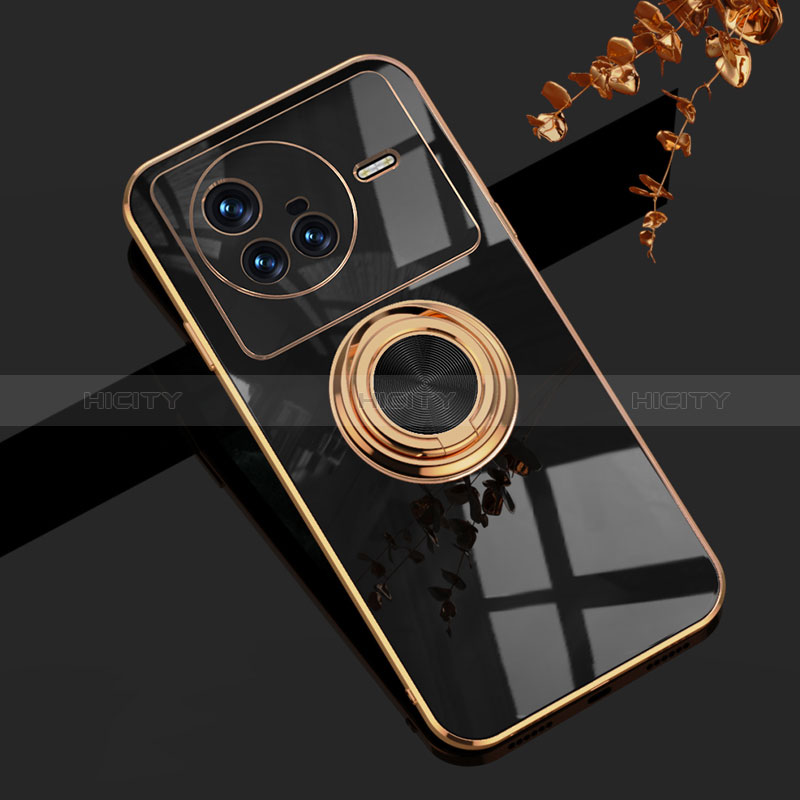 Coque Ultra Fine Silicone Souple Housse Etui avec Support Bague Anneau Aimante Magnetique AN1 pour Vivo X80 5G Noir Plus