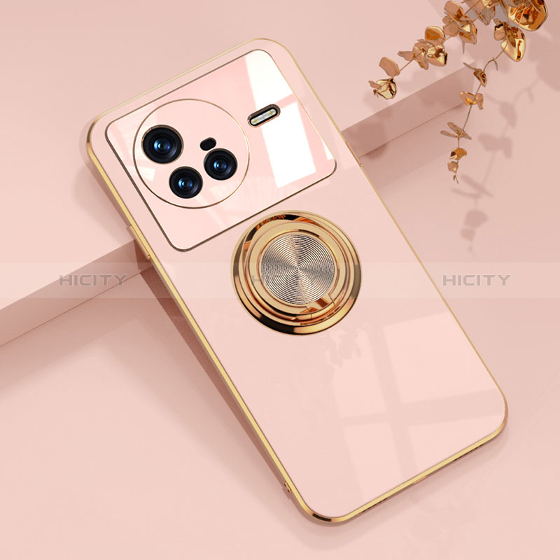 Coque Ultra Fine Silicone Souple Housse Etui avec Support Bague Anneau Aimante Magnetique AN1 pour Vivo X80 5G Rose Plus