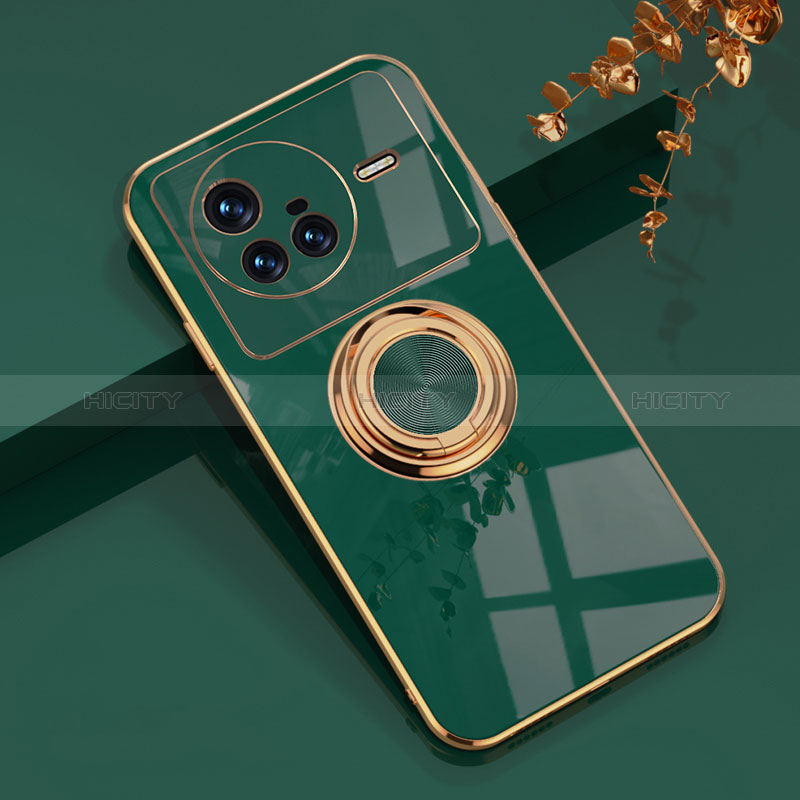 Coque Ultra Fine Silicone Souple Housse Etui avec Support Bague Anneau Aimante Magnetique AN1 pour Vivo X80 5G Vert Plus