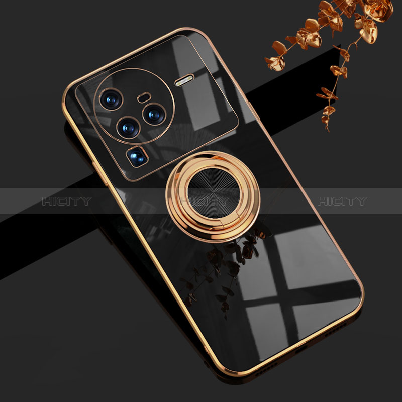 Coque Ultra Fine Silicone Souple Housse Etui avec Support Bague Anneau Aimante Magnetique AN1 pour Vivo X80 Pro 5G Noir Plus