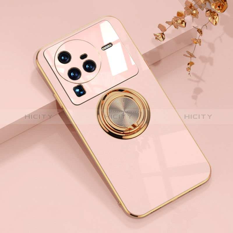 Coque Ultra Fine Silicone Souple Housse Etui avec Support Bague Anneau Aimante Magnetique AN1 pour Vivo X80 Pro 5G Rose Plus