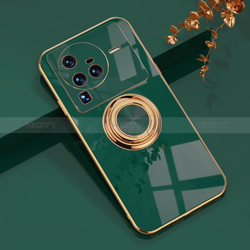 Coque Ultra Fine Silicone Souple Housse Etui avec Support Bague Anneau Aimante Magnetique AN1 pour Vivo X80 Pro 5G Vert Plus