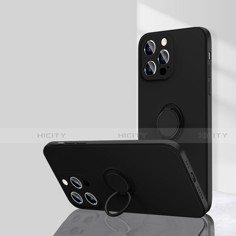Coque Ultra Fine Silicone Souple Housse Etui avec Support Bague Anneau Aimante Magnetique G01 pour Apple iPhone 15 Pro Max Noir Plus