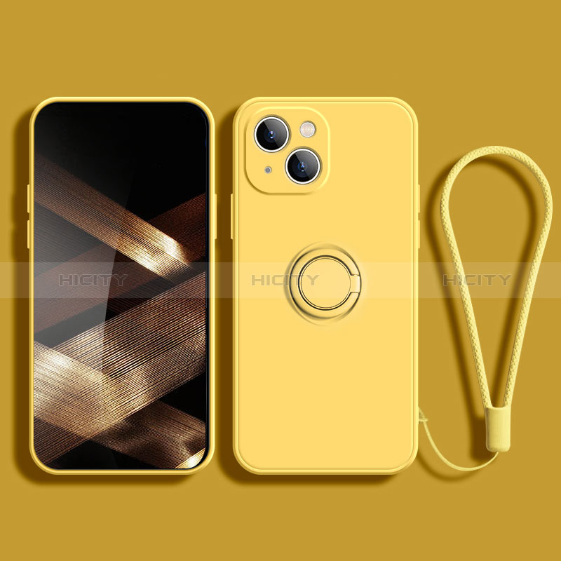 Coque Ultra Fine Silicone Souple Housse Etui avec Support Bague Anneau Aimante Magnetique G02 pour Apple iPhone 15 Jaune Plus