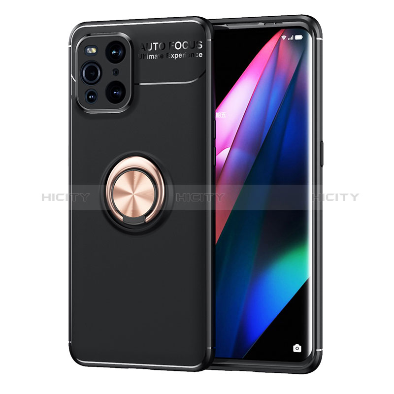 Coque Ultra Fine Silicone Souple Housse Etui avec Support Bague Anneau Aimante Magnetique JM1 pour Oppo Find X3 5G Or et Noir Plus