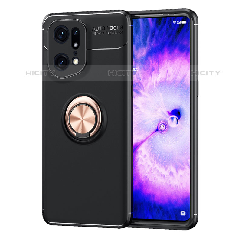 Coque Ultra Fine Silicone Souple Housse Etui avec Support Bague Anneau Aimante Magnetique JM1 pour Oppo Find X5 Pro 5G Or et Noir Plus