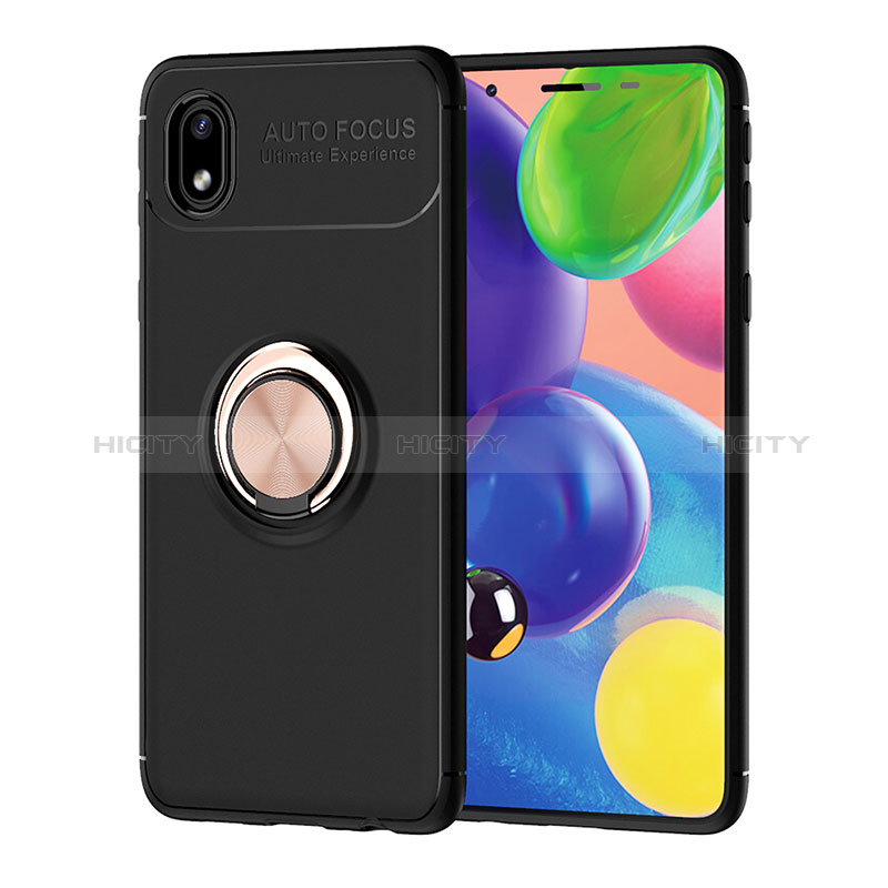 Coque Ultra Fine Silicone Souple Housse Etui avec Support Bague Anneau Aimante Magnetique JM1 pour Samsung Galaxy A01 Core Or et Noir Plus