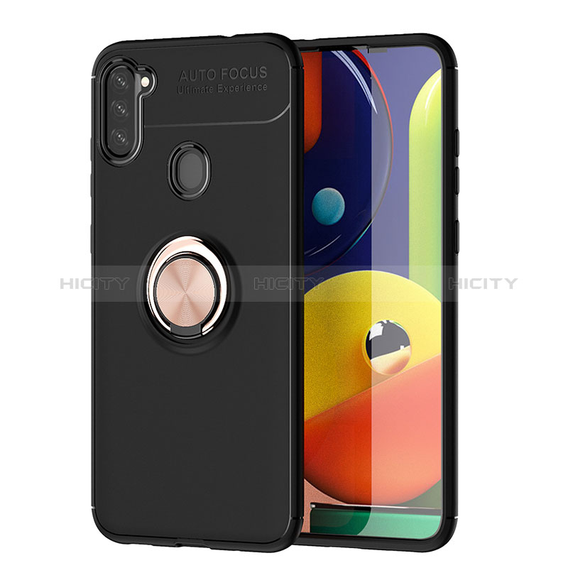 Coque Ultra Fine Silicone Souple Housse Etui avec Support Bague Anneau Aimante Magnetique JM1 pour Samsung Galaxy M11 Or et Noir Plus