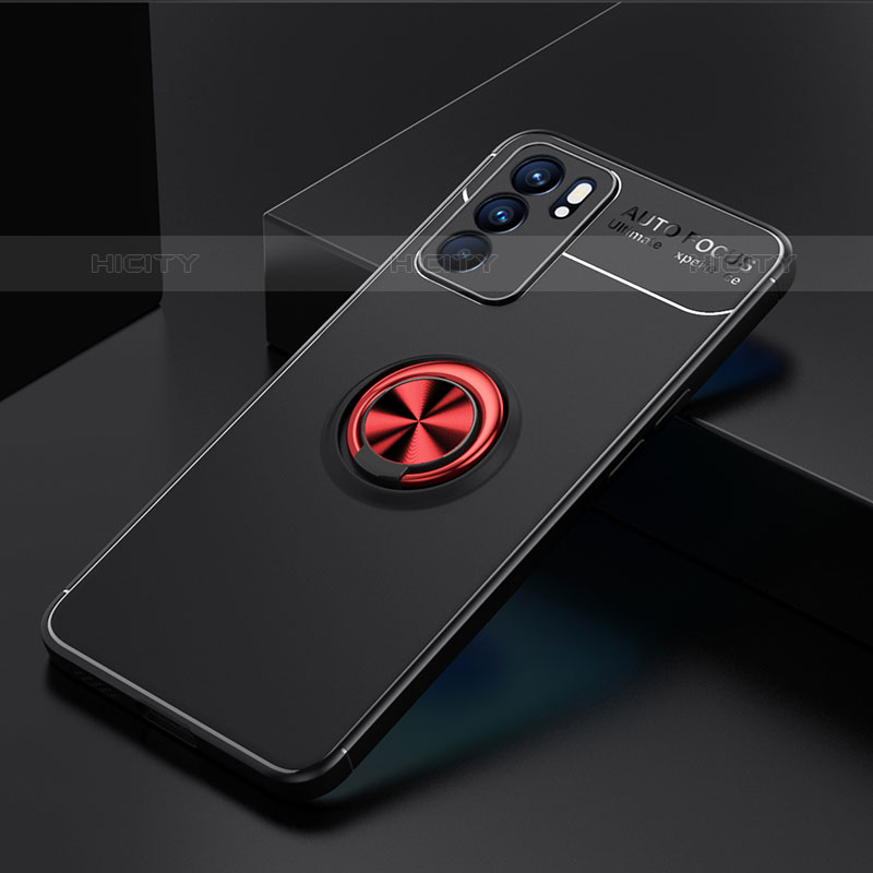 Coque Ultra Fine Silicone Souple Housse Etui avec Support Bague Anneau Aimante Magnetique JM2 pour Oppo Reno6 5G Rouge et Noir Plus