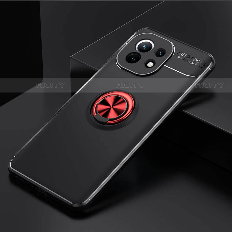 Coque Ultra Fine Silicone Souple Housse Etui avec Support Bague Anneau Aimante Magnetique K01 pour Xiaomi Mi 11 5G Rouge et Noir Plus