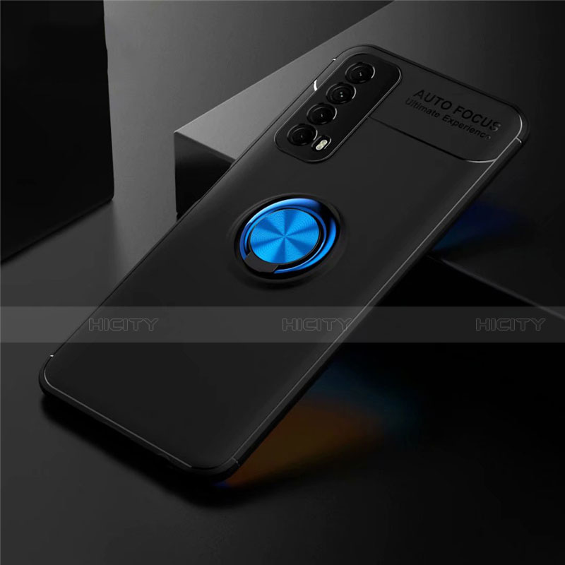 Coque Ultra Fine Silicone Souple Housse Etui avec Support Bague Anneau Aimante Magnetique pour Huawei Y7a Bleu et Noir Plus