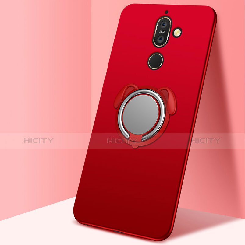 Coque Ultra Fine Silicone Souple Housse Etui avec Support Bague Anneau Aimante Magnetique pour Nokia 7 Plus Rouge Plus