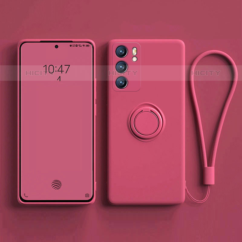 Coque Ultra Fine Silicone Souple Housse Etui avec Support Bague Anneau Aimante Magnetique pour Oppo Reno6 5G Rose Rouge Plus