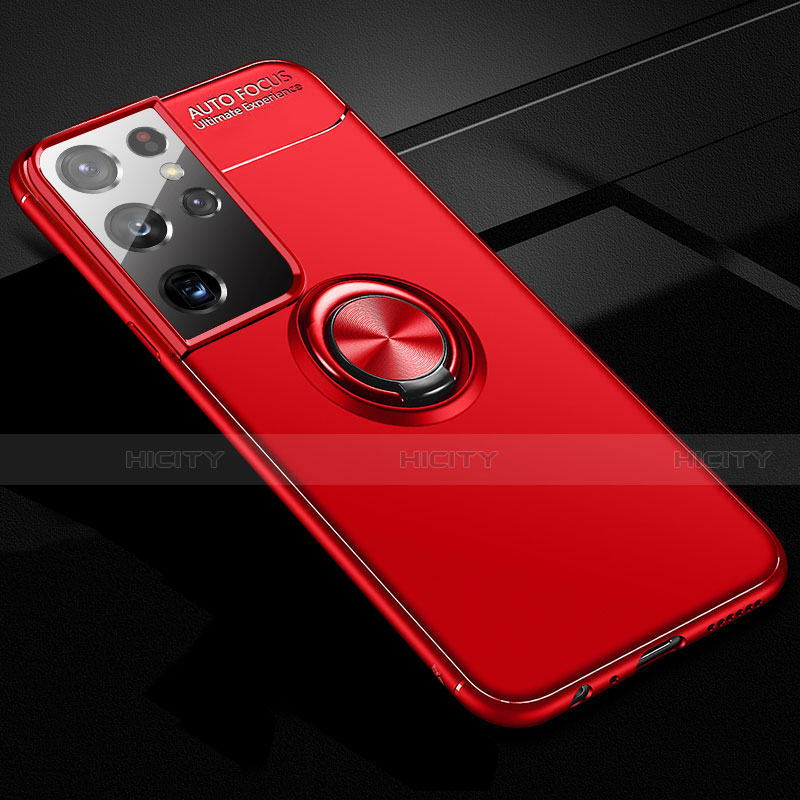 Coque Ultra Fine Silicone Souple Housse Etui avec Support Bague Anneau Aimante Magnetique pour Samsung Galaxy S21 Ultra 5G Rouge Plus