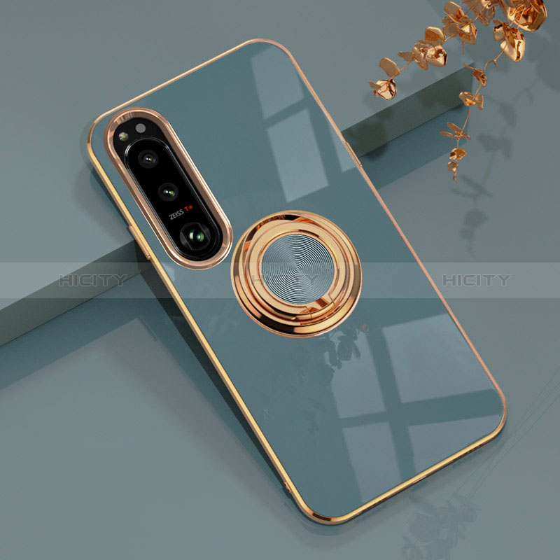 Coque Ultra Fine Silicone Souple Housse Etui avec Support Bague Anneau Aimante Magnetique pour Sony Xperia 1 IV Gris Lavende Plus