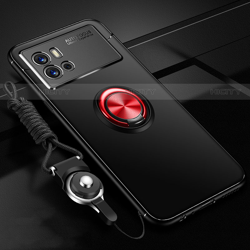 Coque Ultra Fine Silicone Souple Housse Etui avec Support Bague Anneau Aimante Magnetique pour Vivo iQOO 9 Pro 5G Rouge et Noir Plus