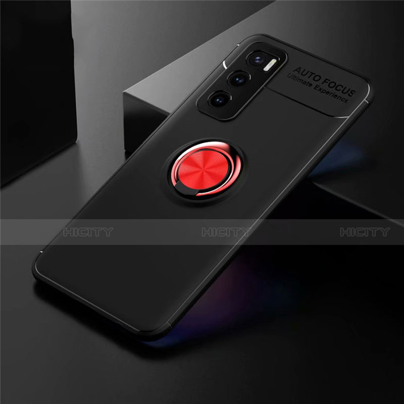 Coque Ultra Fine Silicone Souple Housse Etui avec Support Bague Anneau Aimante Magnetique pour Vivo V20 SE Rouge et Noir Plus