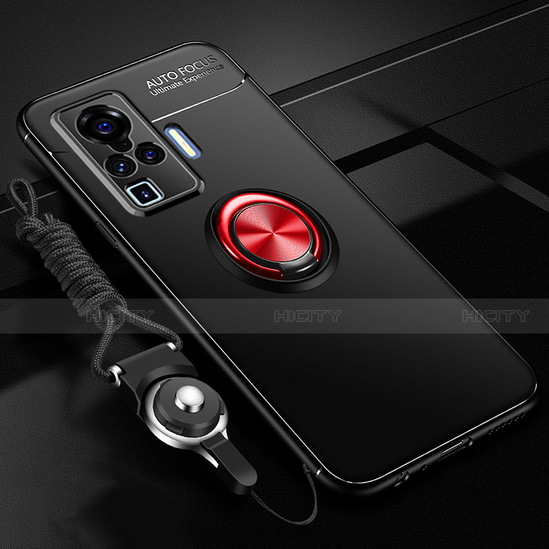 Coque Ultra Fine Silicone Souple Housse Etui avec Support Bague Anneau Aimante Magnetique pour Vivo X50 Pro 5G Rouge et Noir Plus