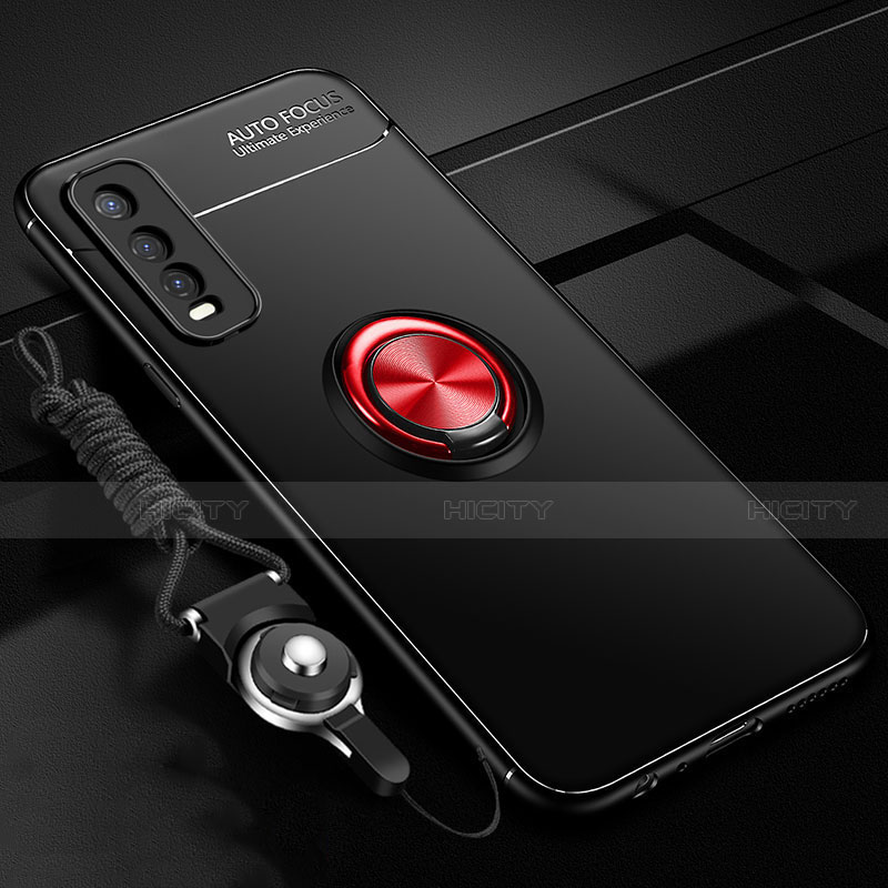 Coque Ultra Fine Silicone Souple Housse Etui avec Support Bague Anneau Aimante Magnetique pour Vivo Y12s Rouge et Noir Plus