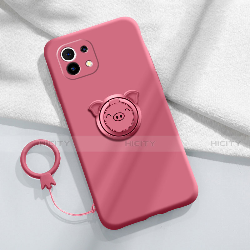 Coque Ultra Fine Silicone Souple Housse Etui avec Support Bague Anneau Aimante Magnetique pour Xiaomi Mi 11 5G Vin Rouge Plus