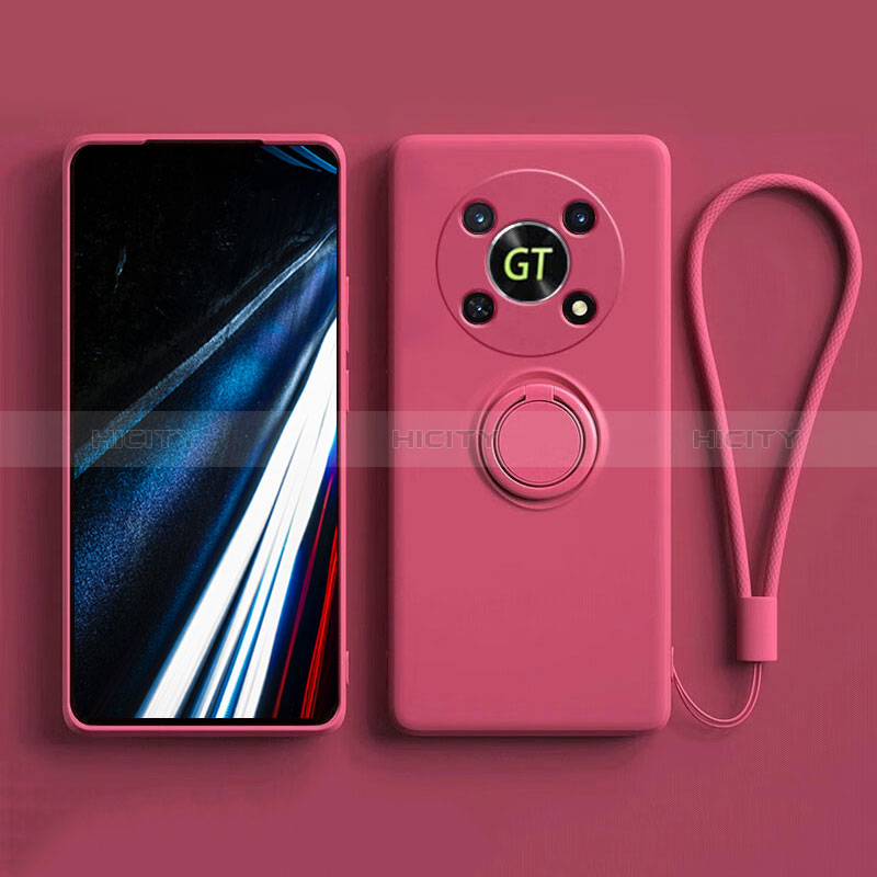 Coque Ultra Fine Silicone Souple Housse Etui avec Support Bague Anneau Aimante Magnetique S01 pour Huawei Honor Magic4 Lite 5G Rose Rouge Plus