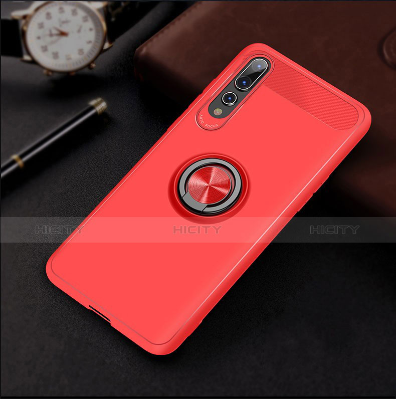 Coque Ultra Fine Silicone Souple Housse Etui avec Support Bague Anneau Aimante Magnetique S01 pour Huawei P20 Pro Rouge Plus