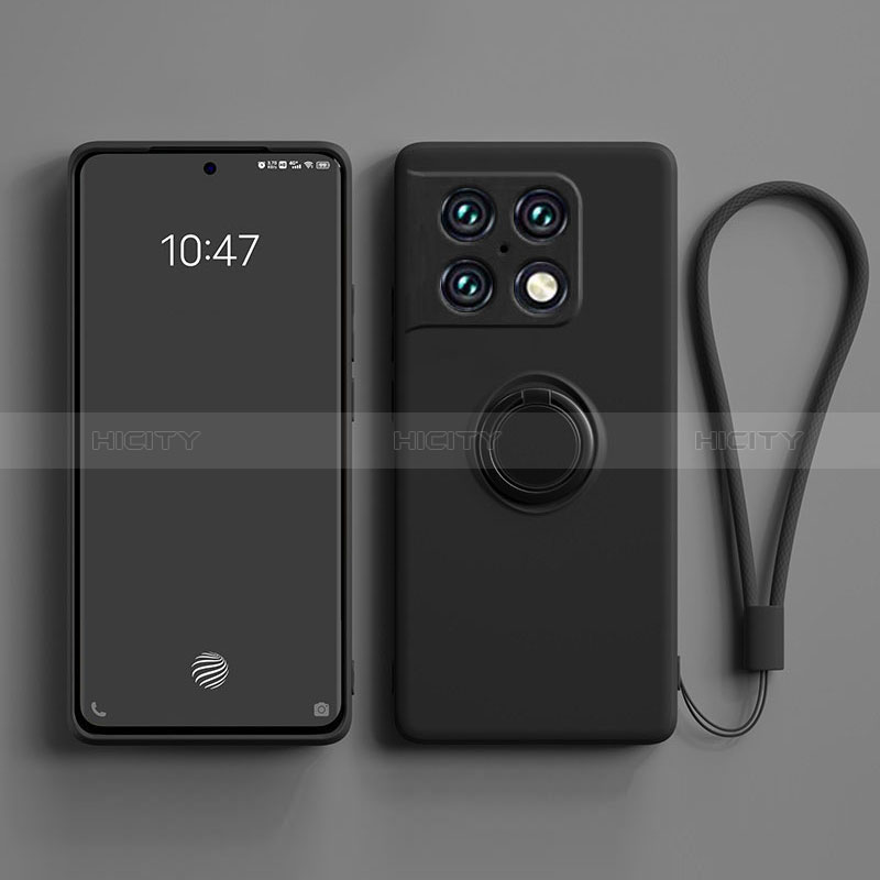 Coque Ultra Fine Silicone Souple Housse Etui avec Support Bague Anneau Aimante Magnetique S01 pour OnePlus 10 Pro 5G Noir Plus