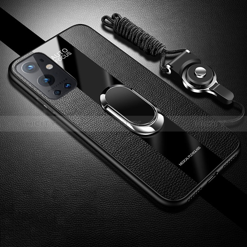 Coque Ultra Fine Silicone Souple Housse Etui avec Support Bague Anneau Aimante Magnetique S01 pour OnePlus 9 Pro 5G Noir Plus