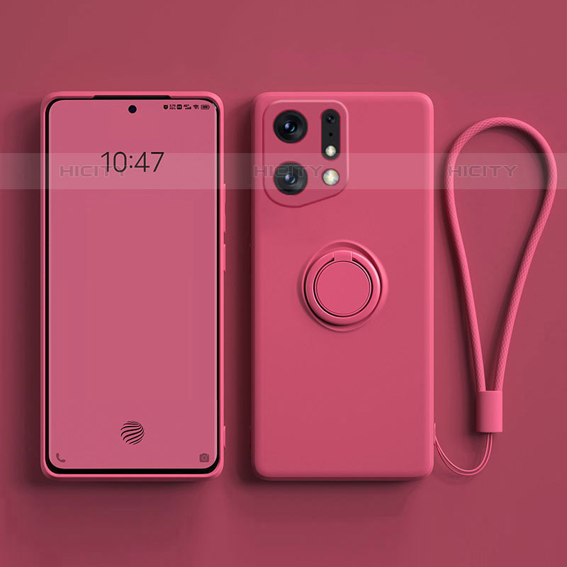 Coque Ultra Fine Silicone Souple Housse Etui avec Support Bague Anneau Aimante Magnetique S01 pour Oppo Find X5 Pro 5G Rose Rouge Plus