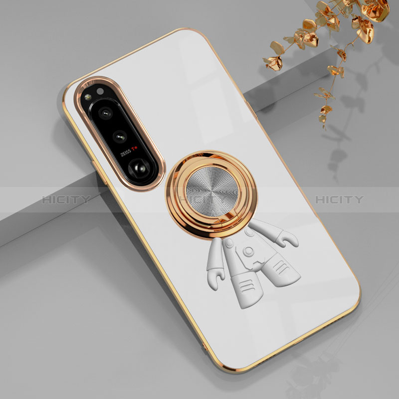 Coque Ultra Fine Silicone Souple Housse Etui avec Support Bague Anneau Aimante Magnetique S01 pour Sony Xperia 1 IV Blanc Plus