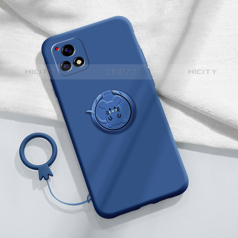 Coque Ultra Fine Silicone Souple Housse Etui avec Support Bague Anneau Aimante Magnetique S01 pour Vivo iQOO U3 5G Bleu Plus