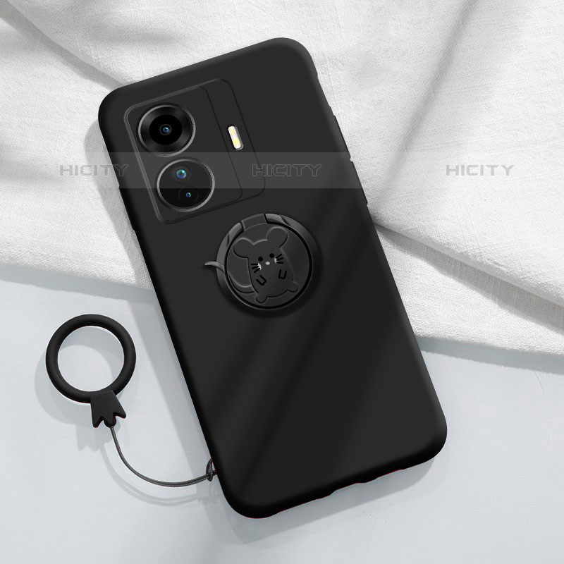 Coque Ultra Fine Silicone Souple Housse Etui avec Support Bague Anneau Aimante Magnetique S01 pour Vivo iQOO Z6 Pro 5G Noir Plus