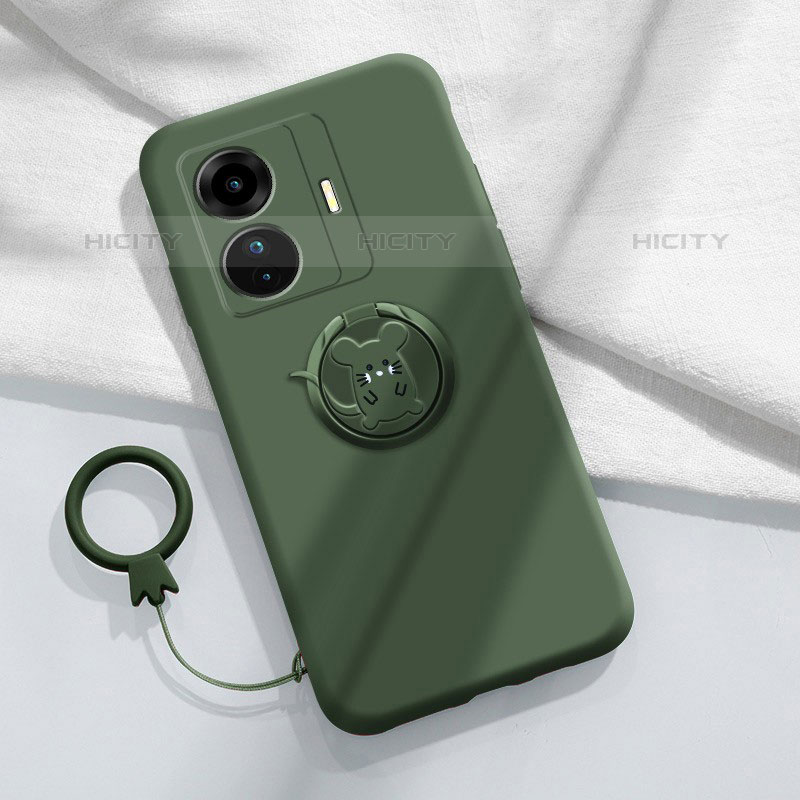 Coque Ultra Fine Silicone Souple Housse Etui avec Support Bague Anneau Aimante Magnetique S01 pour Vivo T1 Pro 5G Vert Nuit Plus