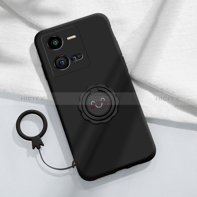 Coque Ultra Fine Silicone Souple Housse Etui avec Support Bague Anneau Aimante Magnetique S01 pour Vivo V25 5G Noir Plus