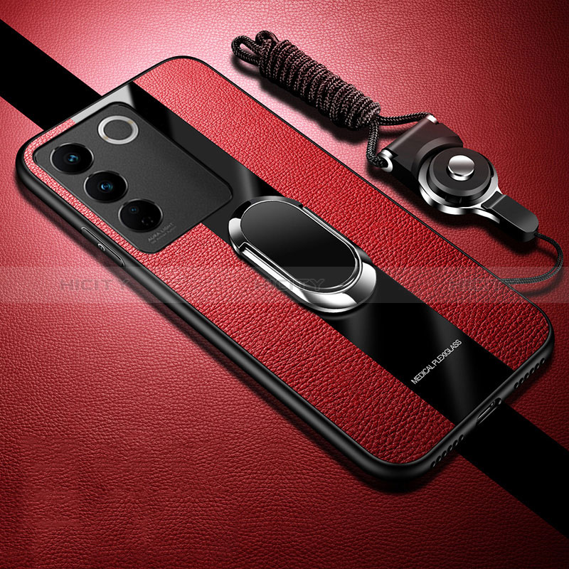 Coque Ultra Fine Silicone Souple Housse Etui avec Support Bague Anneau Aimante Magnetique S01 pour Vivo V27 Pro 5G Rouge Plus